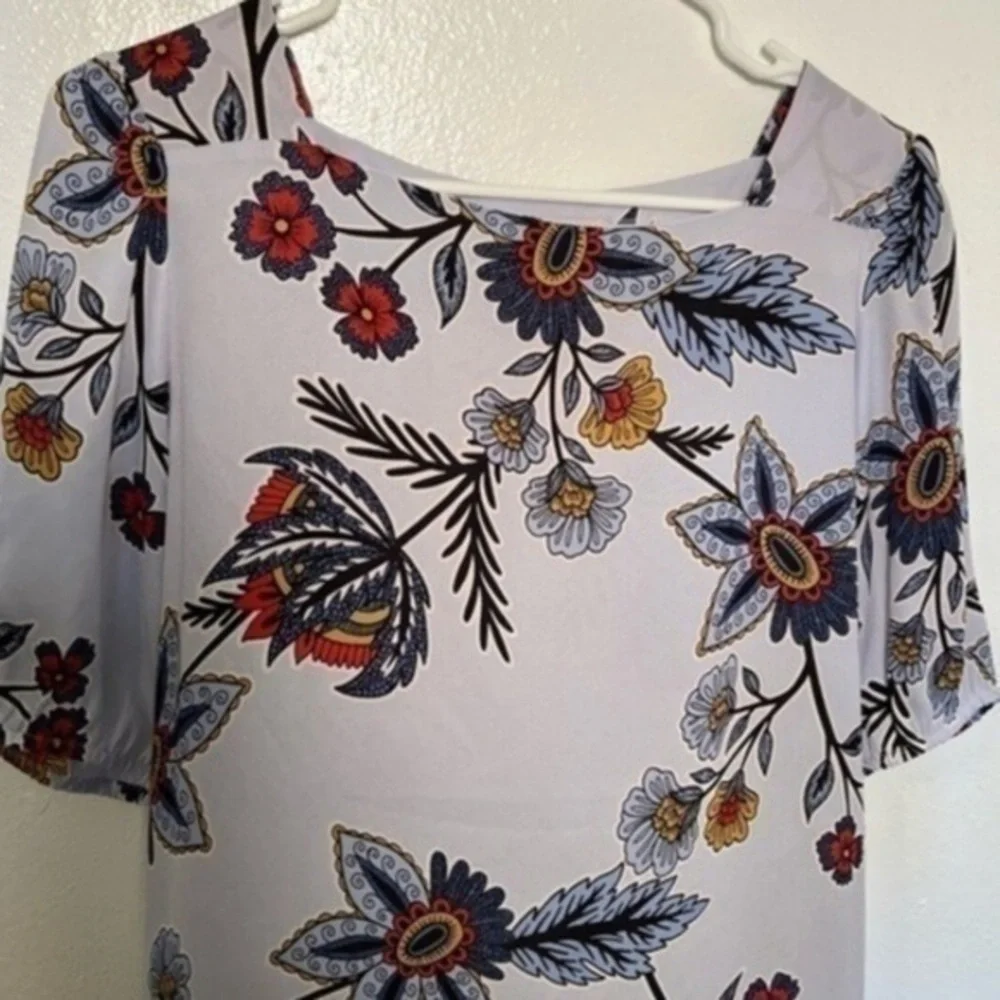 LOFT Light Blue Square Neck Botanical Floral Short Sleeve Blouse​ - Picture 2 of 10